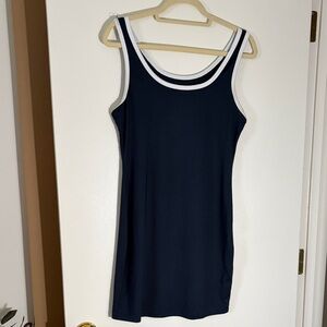 Navy Blue Sleeveless Dress with White Trim